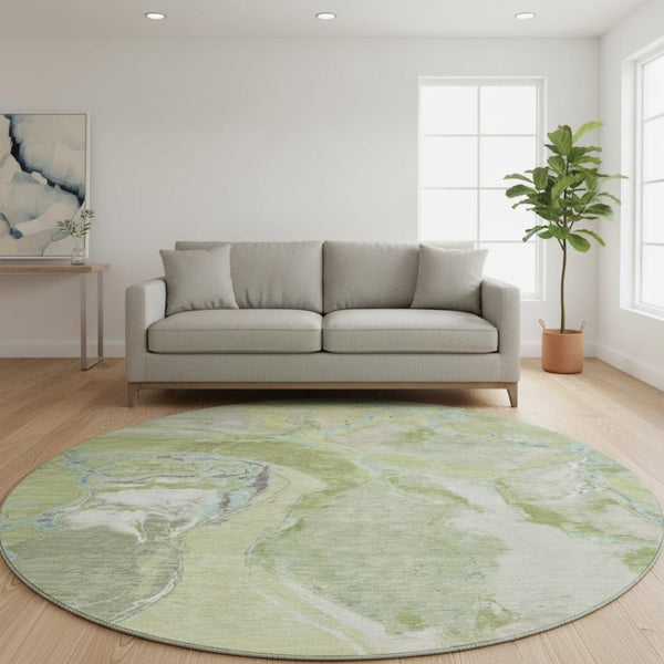 HomeRoots 8' Stunning Green Blue Gray Abstract Washable Round Rug with UV Protection for Modern Spaces 678931