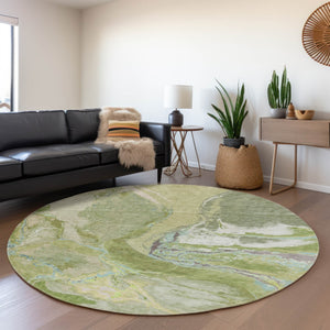 HomeRoots 8' Stunning Green Blue Gray Abstract Washable Round Rug with UV Protection for Modern Spaces 678931