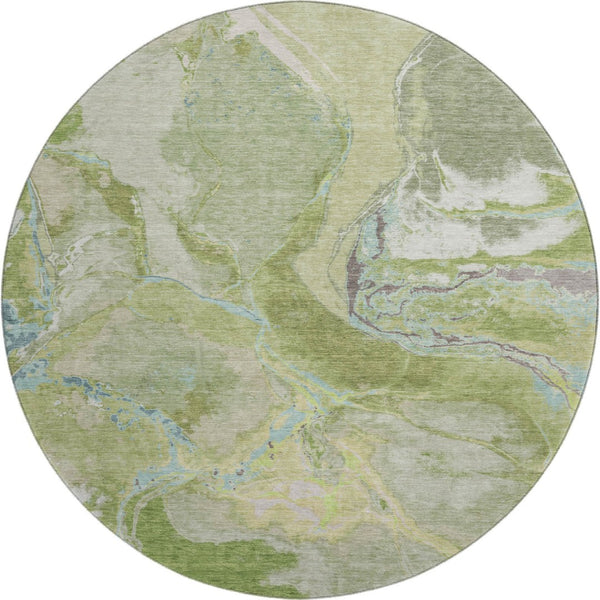 HomeRoots 8' Stunning Green Blue Gray Abstract Washable Round Rug with UV Protection for Modern Spaces 678931