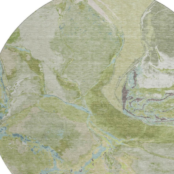 HomeRoots 8' Stunning Green Blue Gray Abstract Washable Round Rug with UV Protection for Modern Spaces 678931