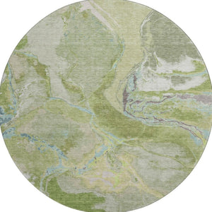 HomeRoots 8' Stunning Green Blue Gray Abstract Washable Round Rug with UV Protection for Modern Spaces 678931