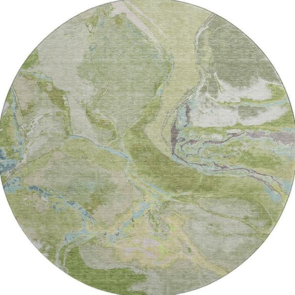 HomeRoots 8' Stunning Green Blue Gray Abstract Washable Round Rug with UV Protection for Modern Spaces 678931