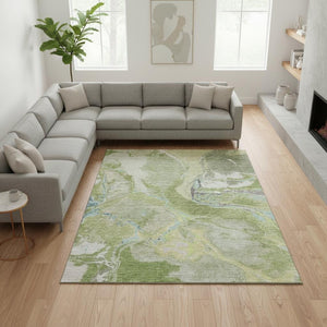 HomeRoots 8' X 10' Washable Area Rug in Green, Blue, and Gray - UV Protected, Stain Resistant, Modern Design 678932
