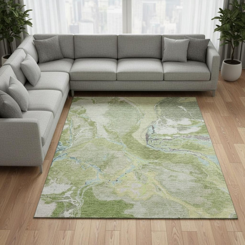 HomeRoots 9' X 12' Abstract Washable Area Rug in Green, Blue & Gray – UV Protected, Durable & Stylish for Homes 678933