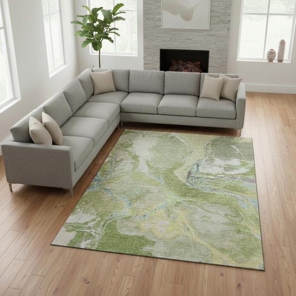HomeRoots 10' Modern Abstract Area Rug in Green, Blue, Gray - Washable, UV Protected, Stain Resistant Design 678934