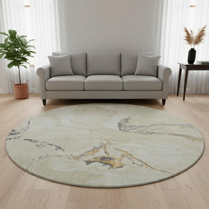 HomeRoots 8' Soft Ivory, Beige & Gray Abstract Round Washable Rug with UV Protection for Modern Homes 678937