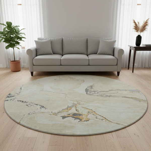 HomeRoots 8' Soft Ivory, Beige & Gray Abstract Round Washable Rug with UV Protection for Modern Homes 678937