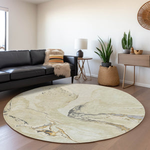 HomeRoots 8' Soft Ivory, Beige & Gray Abstract Round Washable Rug with UV Protection for Modern Homes 678937