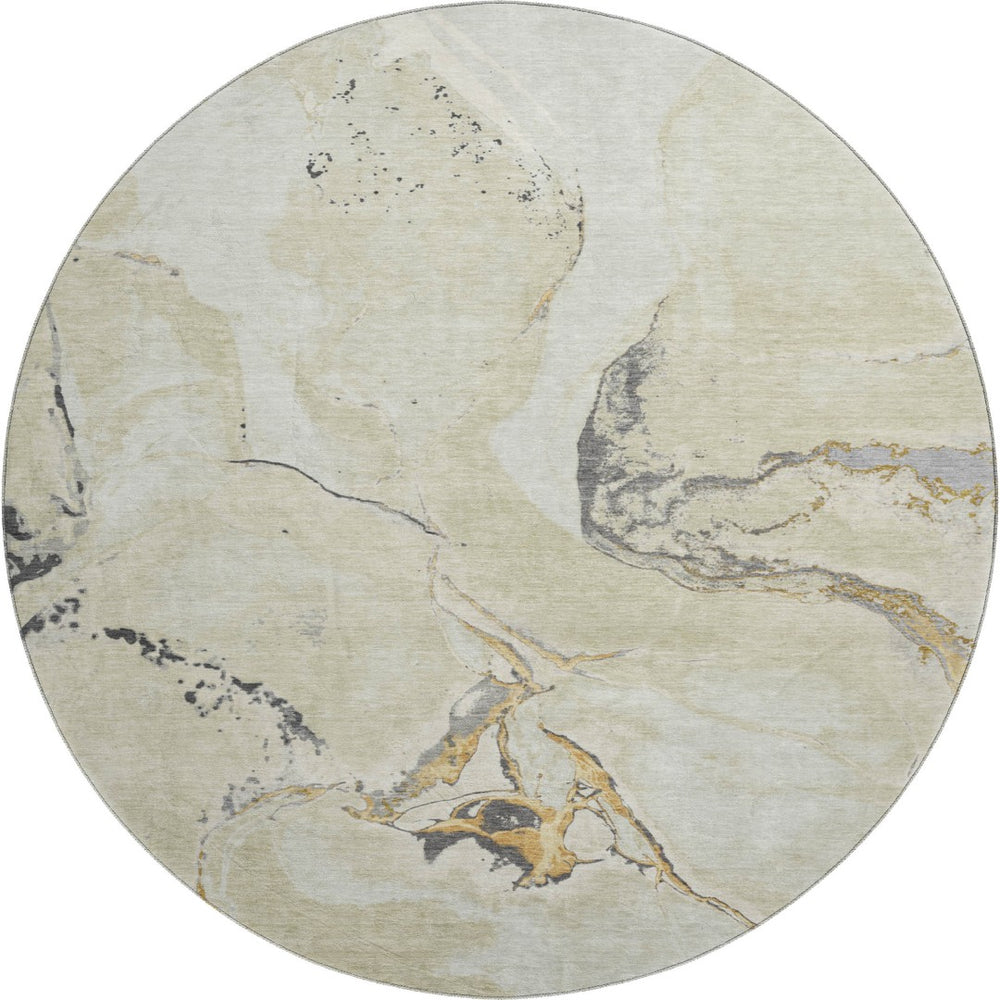 HomeRoots 8' Soft Ivory, Beige & Gray Abstract Round Washable Rug with UV Protection for Modern Homes 678937
