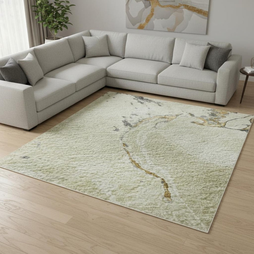HomeRoots 9' x 12' Modern Ivory Beige & Gray Abstract Washable Area Rug with UV Protection & Easy Care 678939