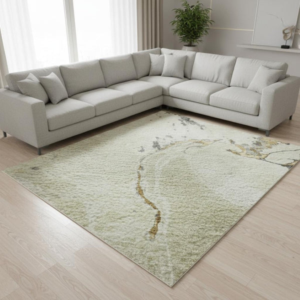 HomeRoots 10' Modern Ivory Beige and Gray Abstract Washable Area Rug - Durable, UV-Protected, Easy Care Design! 678940