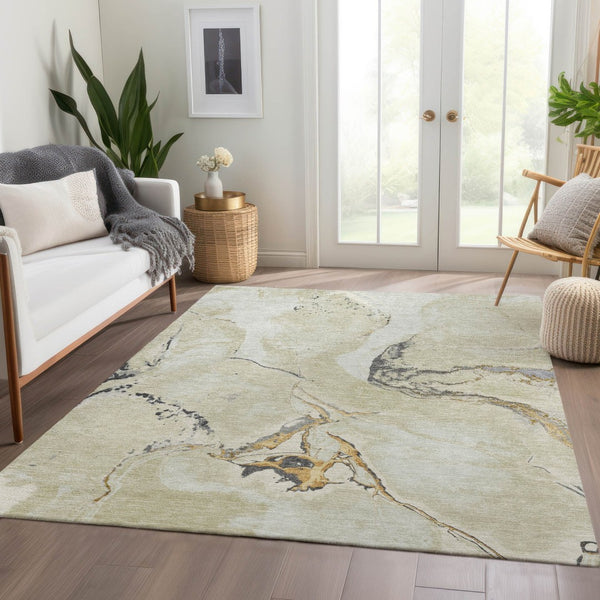 HomeRoots 10' Modern Ivory Beige and Gray Abstract Washable Area Rug - Durable, UV-Protected, Easy Care Design! 678940