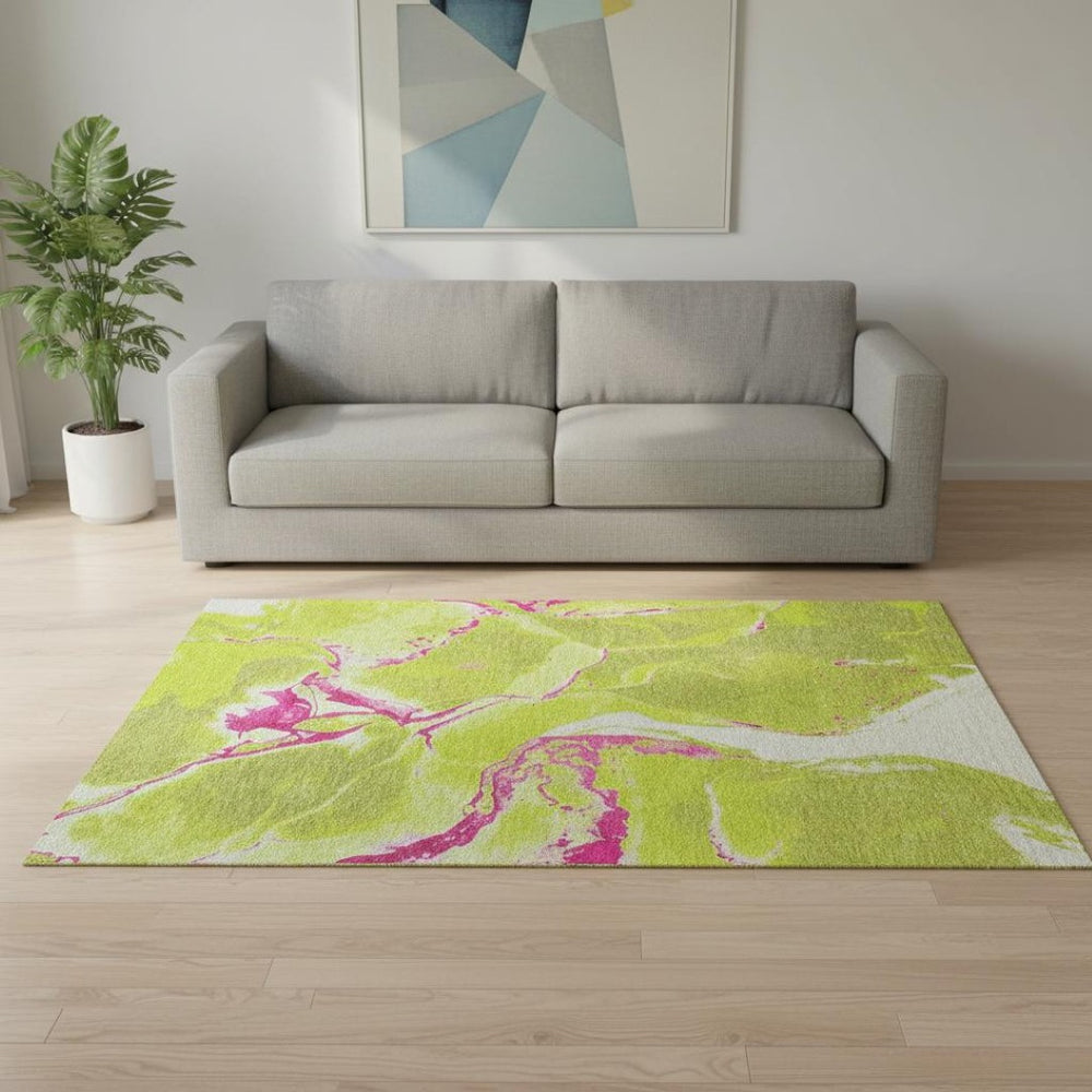 HomeRoots 5' X 8' Vibrant Abstract Washable Area Rug in Lime Green, Pink & Ivory with UV Protection Features 678942
