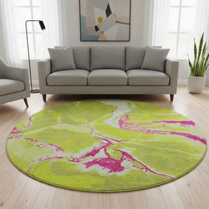 HomeRoots 8' Vibrant Lime Green, Pink & Ivory Abstract Washable Round Rug - UV Protected for Everyday Use 678943