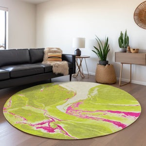 HomeRoots 8' Vibrant Lime Green, Pink & Ivory Abstract Washable Round Rug - UV Protected for Everyday Use 678943