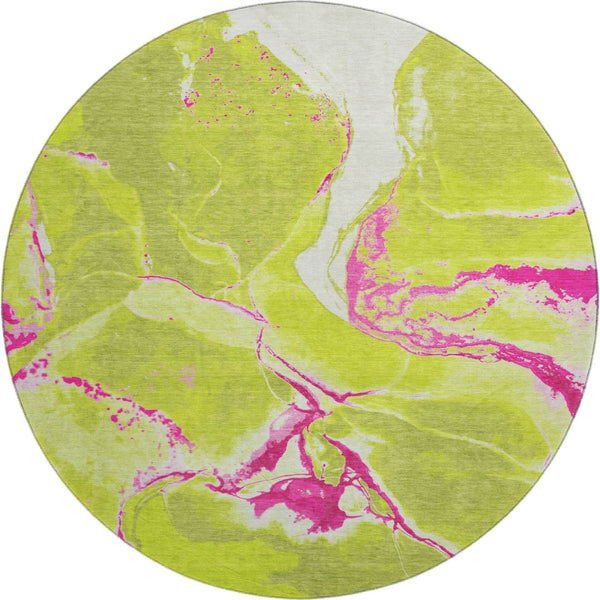 HomeRoots 8' Vibrant Lime Green, Pink & Ivory Abstract Washable Round Rug - UV Protected for Everyday Use 678943