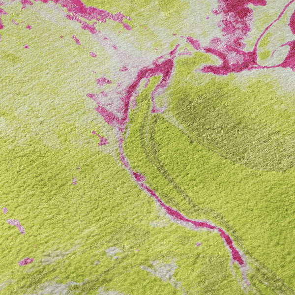 HomeRoots 8' Vibrant Lime Green, Pink & Ivory Abstract Washable Round Rug - UV Protected for Everyday Use 678943