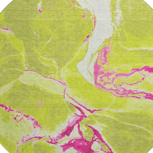 HomeRoots 8' Vibrant Lime Green, Pink & Ivory Abstract Washable Round Rug - UV Protected for Everyday Use 678943