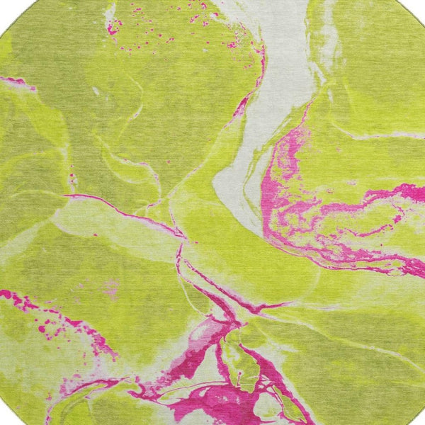 HomeRoots 8' Vibrant Lime Green, Pink & Ivory Abstract Washable Round Rug - UV Protected for Everyday Use 678943