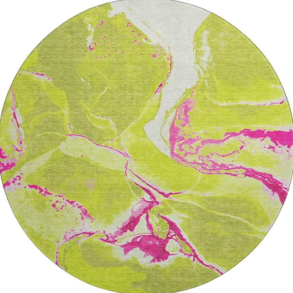 HomeRoots 8' Vibrant Lime Green, Pink & Ivory Abstract Washable Round Rug - UV Protected for Everyday Use 678943