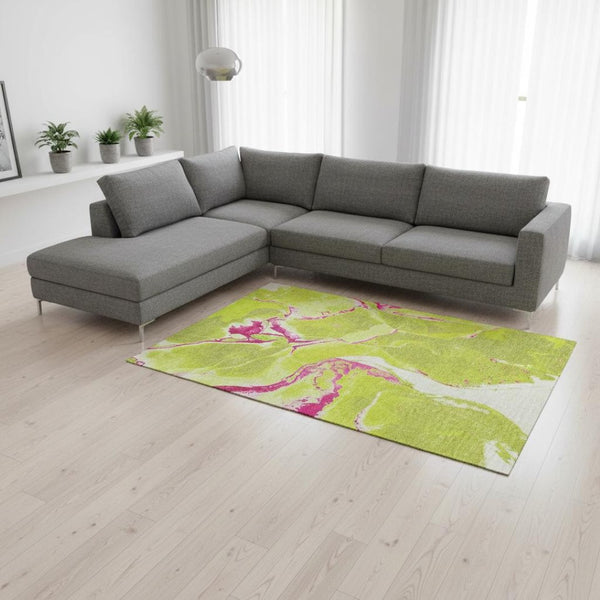 HomeRoots 8' x 10' Vibrant Abstract Area Rug in Lime Green, Pink & Ivory - Washable, UV-Protected & Durable Design 678944