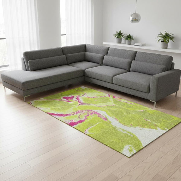 HomeRoots 9' X 12' Vibrant Abstract Washable Area Rug in Lime Green, Pink & Ivory - UV Protected & Durable 678945