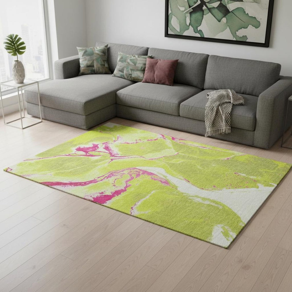 HomeRoots 10' Vibrant Lime Green, Pink & Ivory Abstract Area Rug – Washable, UV-Protected & Family-Friendly! 678946