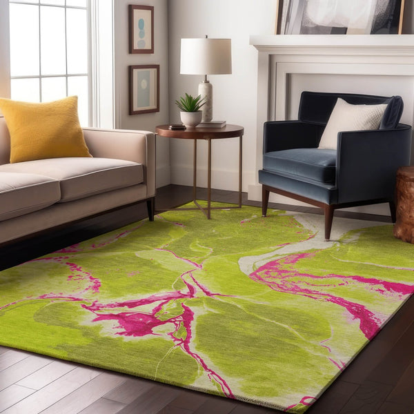 HomeRoots 10' Vibrant Lime Green, Pink & Ivory Abstract Area Rug – Washable, UV-Protected & Family-Friendly! 678946