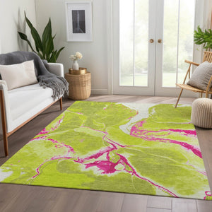 HomeRoots 10' Vibrant Lime Green, Pink & Ivory Abstract Area Rug – Washable, UV-Protected & Family-Friendly! 678946