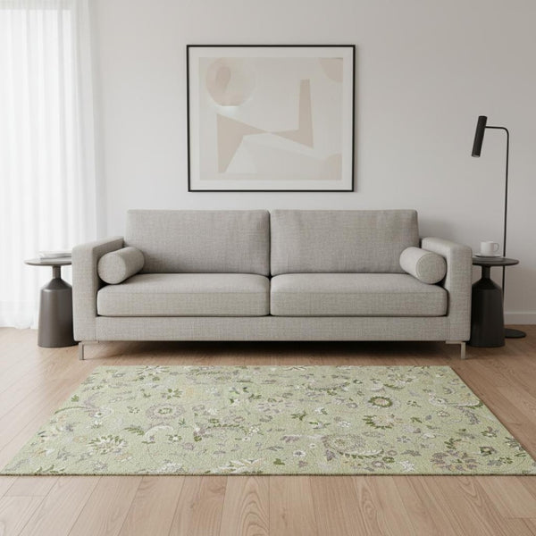 HomeRoots 5' Artichoke Green Floral Area Rug - Elegant, Washable, UV Protected, Perfect for Family Spaces 678948
