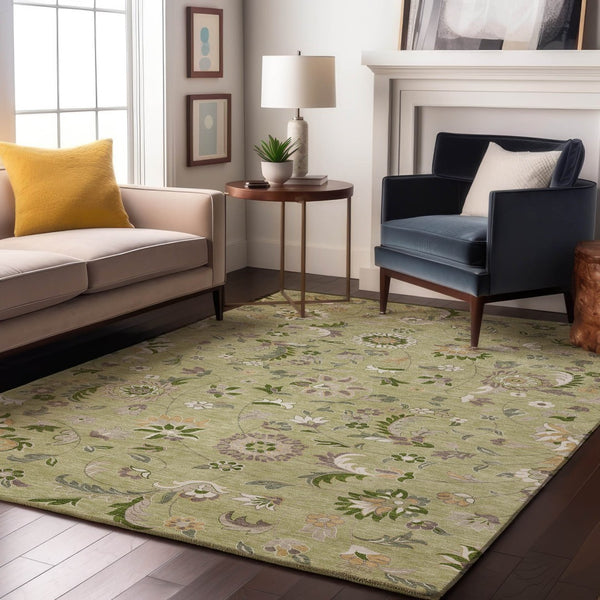 HomeRoots 5' Artichoke Green Floral Area Rug - Elegant, Washable, UV Protected, Perfect for Family Spaces 678948