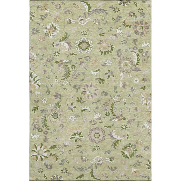 HomeRoots 5' Artichoke Green Floral Area Rug - Elegant, Washable, UV Protected, Perfect for Family Spaces 678948
