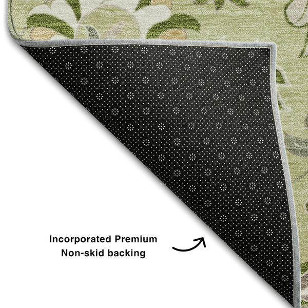 HomeRoots 5' Artichoke Green Floral Area Rug - Elegant, Washable, UV Protected, Perfect for Family Spaces 678948