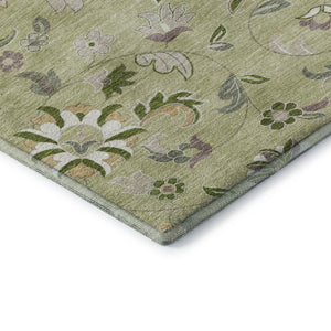 HomeRoots 5' Artichoke Green Floral Area Rug - Elegant, Washable, UV Protected, Perfect for Family Spaces 678948