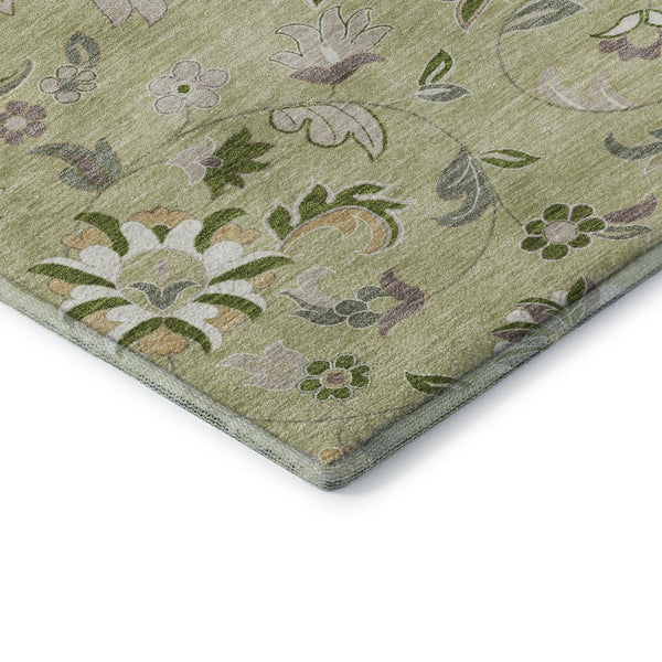 HomeRoots 5' Artichoke Green Floral Area Rug - Elegant, Washable, UV Protected, Perfect for Family Spaces 678948