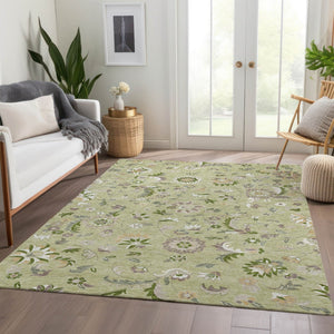 HomeRoots 5' Artichoke Green Floral Area Rug - Elegant, Washable, UV Protected, Perfect for Family Spaces 678948