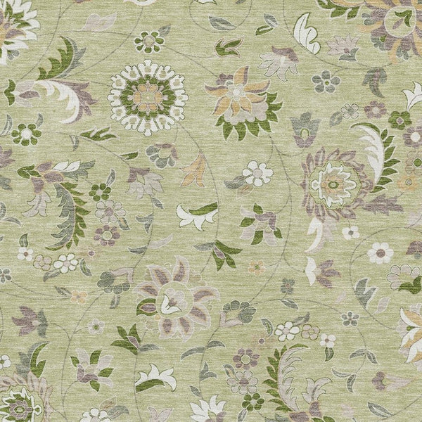 HomeRoots 5' Artichoke Green Floral Area Rug - Elegant, Washable, UV Protected, Perfect for Family Spaces 678948