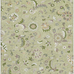 HomeRoots 5' Artichoke Green Floral Area Rug - Elegant, Washable, UV Protected, Perfect for Family Spaces 678948