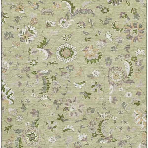 HomeRoots 5' Artichoke Green Floral Area Rug - Elegant, Washable, UV Protected, Perfect for Family Spaces 678948