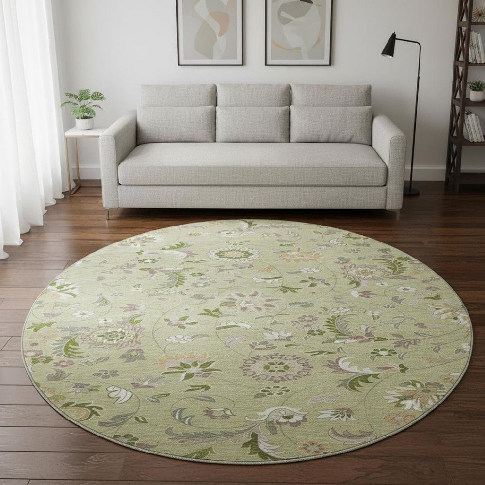 HomeRoots 8' Washable Round Rug in Artichoke Green, Taupe & Ivory Floral Design – UV Protection & Stain Resistant 678949