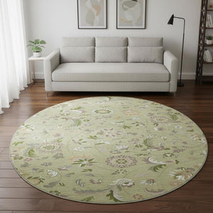 HomeRoots 8' Washable Round Rug in Artichoke Green, Taupe & Ivory Floral Design – UV Protection & Stain Resistant 678949