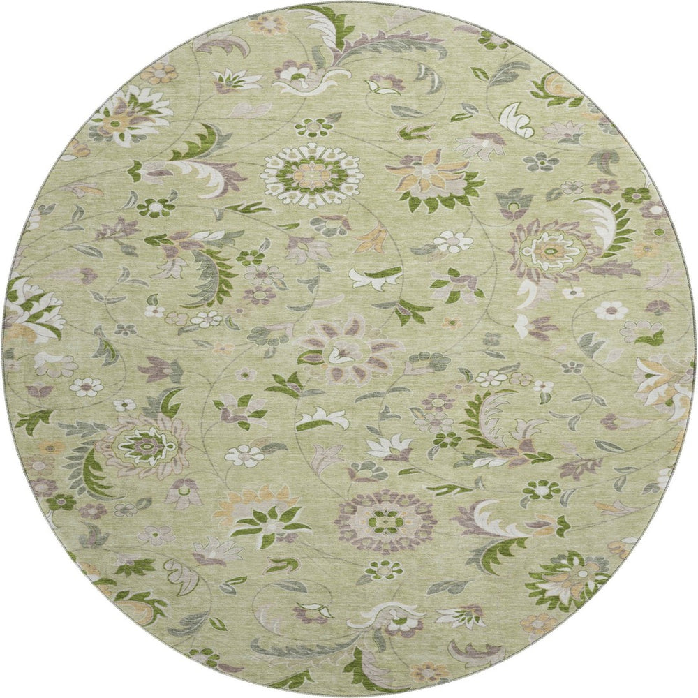 HomeRoots 8' Washable Round Rug in Artichoke Green, Taupe & Ivory Floral Design – UV Protection & Stain Resistant 678949