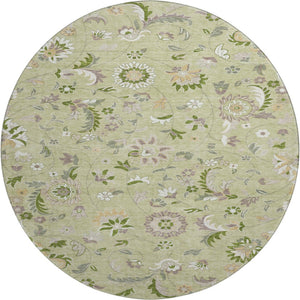 HomeRoots 8' Washable Round Rug in Artichoke Green, Taupe & Ivory Floral Design – UV Protection & Stain Resistant 678949