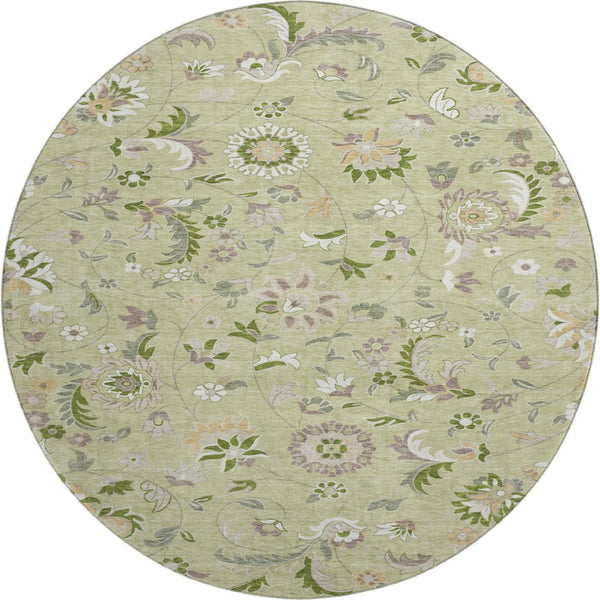 HomeRoots 8' Washable Round Rug in Artichoke Green, Taupe & Ivory Floral Design – UV Protection & Stain Resistant 678949