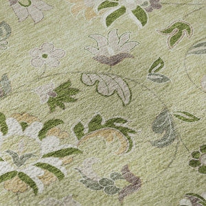 HomeRoots 8' Washable Round Rug in Artichoke Green, Taupe & Ivory Floral Design – UV Protection & Stain Resistant 678949