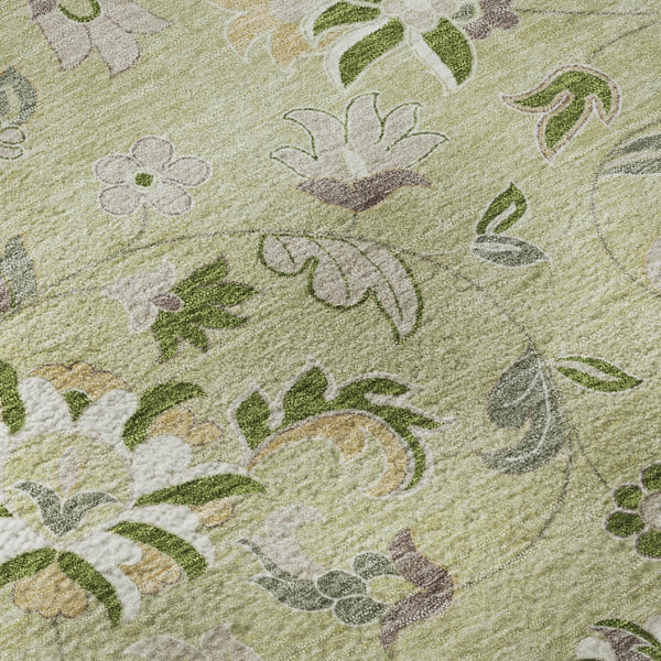 HomeRoots 8' Washable Round Rug in Artichoke Green, Taupe & Ivory Floral Design – UV Protection & Stain Resistant 678949