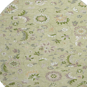 HomeRoots 8' Washable Round Rug in Artichoke Green, Taupe & Ivory Floral Design – UV Protection & Stain Resistant 678949