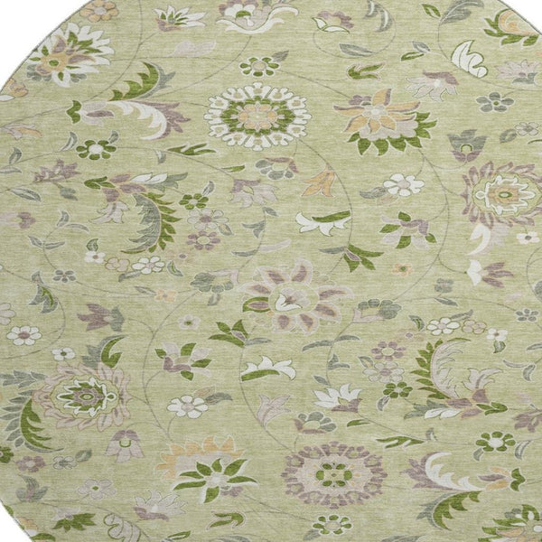 HomeRoots 8' Washable Round Rug in Artichoke Green, Taupe & Ivory Floral Design – UV Protection & Stain Resistant 678949