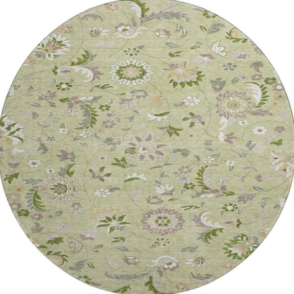 HomeRoots 8' Washable Round Rug in Artichoke Green, Taupe & Ivory Floral Design – UV Protection & Stain Resistant 678949