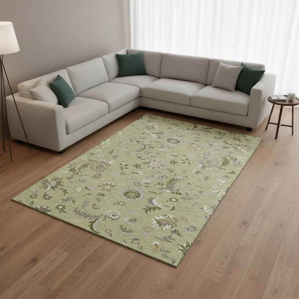 HomeRoots 8' X 10' Washable Floral Area Rug in Artichoke Green, Taupe, Ivory – Durable, UV Protected & Stylish 678950
